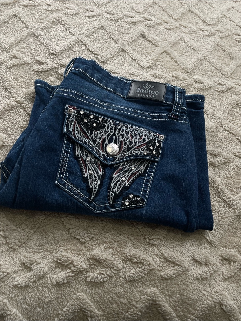 Love Indigo Deep Wash Flare Jeans - Dark Blue with White stitching-Size 14
